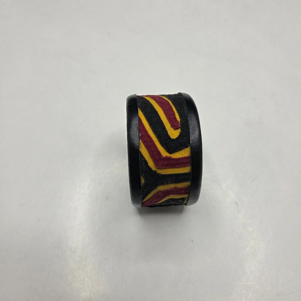Leather Cuff Bracelet Geometric Fabric Inlay OS Black Red Yellow Boho